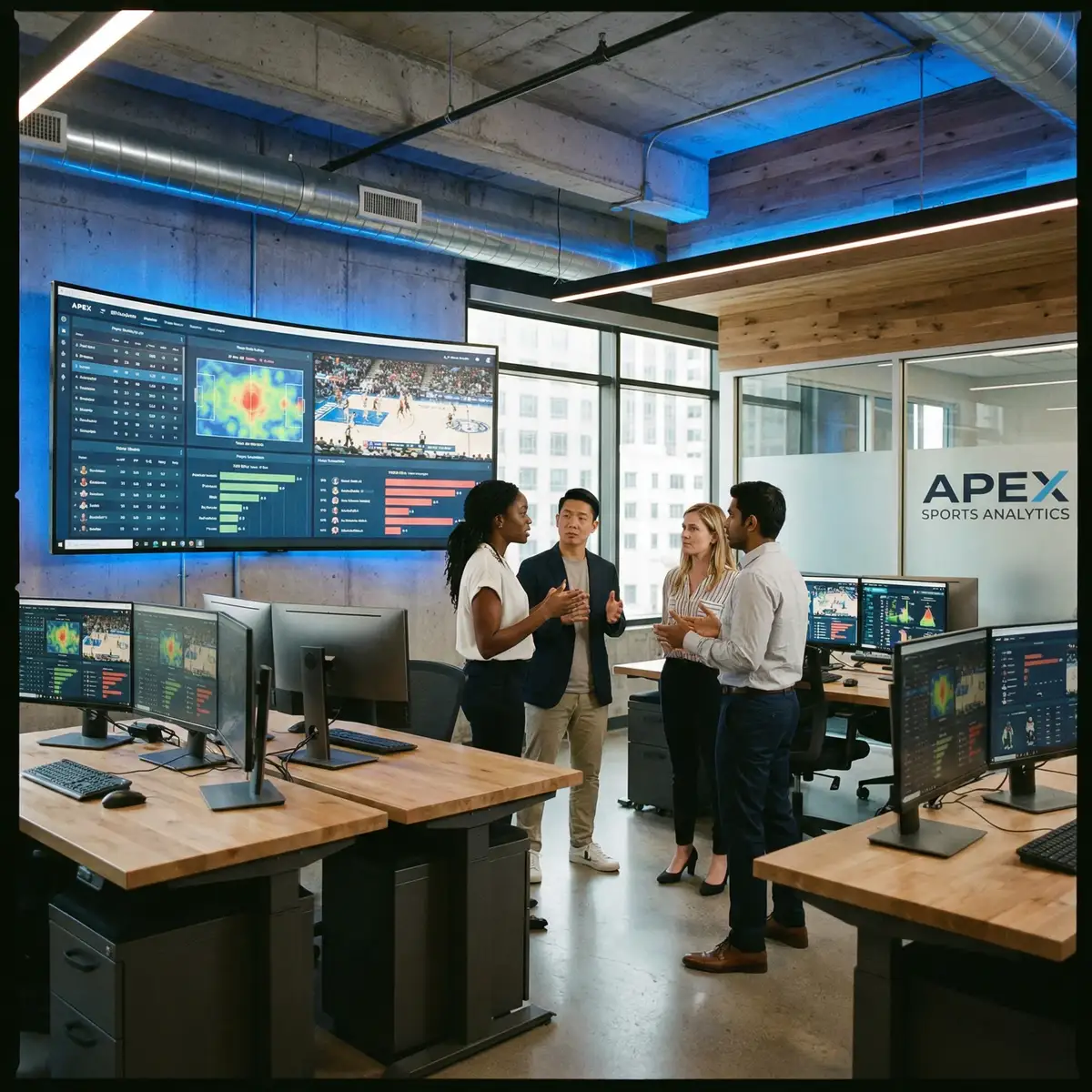 华体会 专业团队在现代办公室进行数据分析讨论